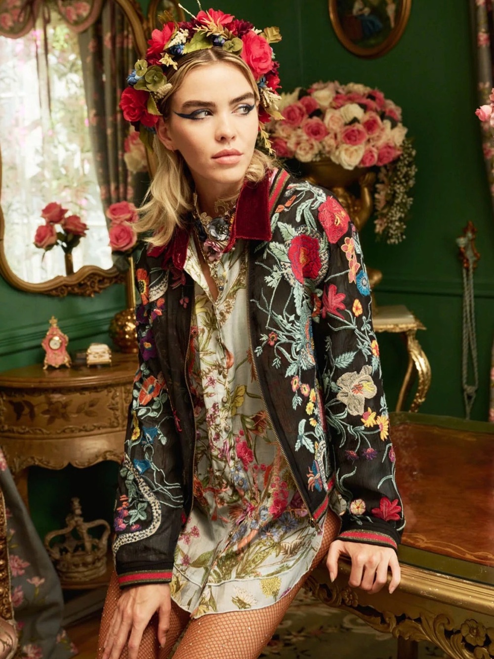 Bellezza Floral Embroidered Black Bomber Jacket by Aratta
